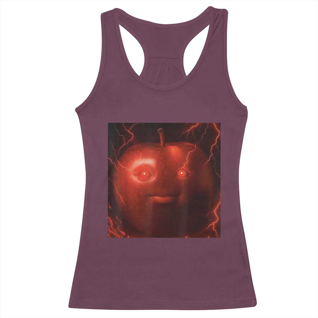 Evil Freaky Apple Meme Racerback Tank Top Creepy Dark AI Fruit Face With Glowing Eyes TS02 Maroon Print Your Wear