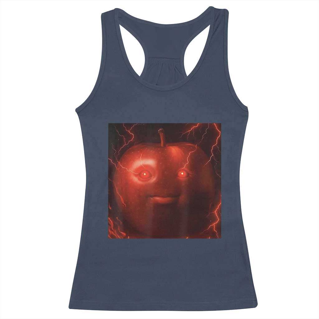 Evil Freaky Apple Meme Racerback Tank Top Creepy Dark AI Fruit Face With Glowing Eyes TS02 Navy Print Your Wear