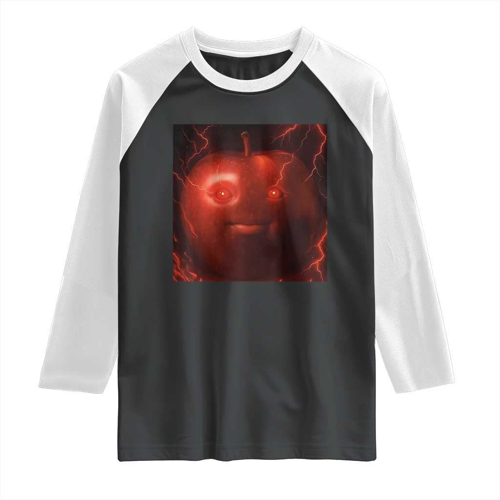 Evil Freaky Apple Meme Raglan Shirt Creepy Dark AI Fruit Face With Glowing Eyes TS02 Black White Print Your Wear