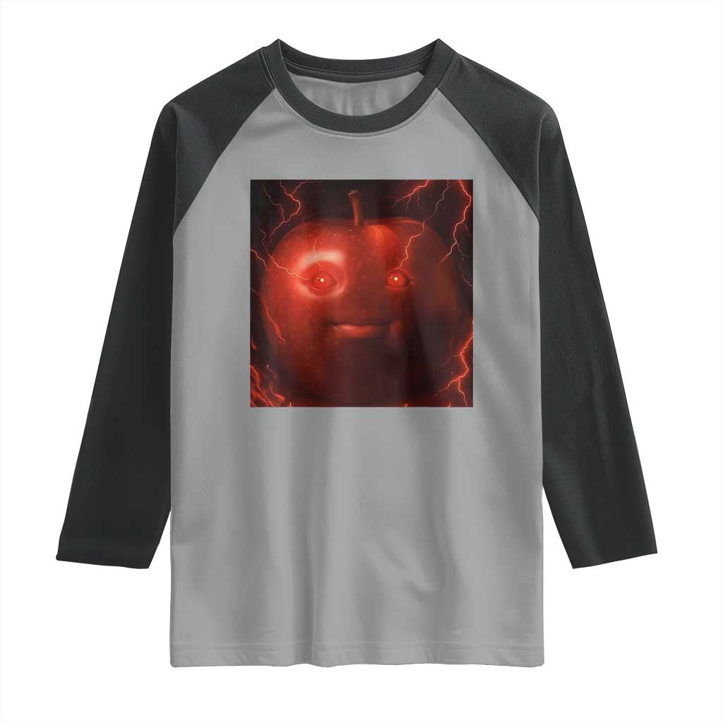 Evil Freaky Apple Meme Raglan Shirt Creepy Dark AI Fruit Face With Glowing Eyes TS02 Sport Gray Black Print Your Wear