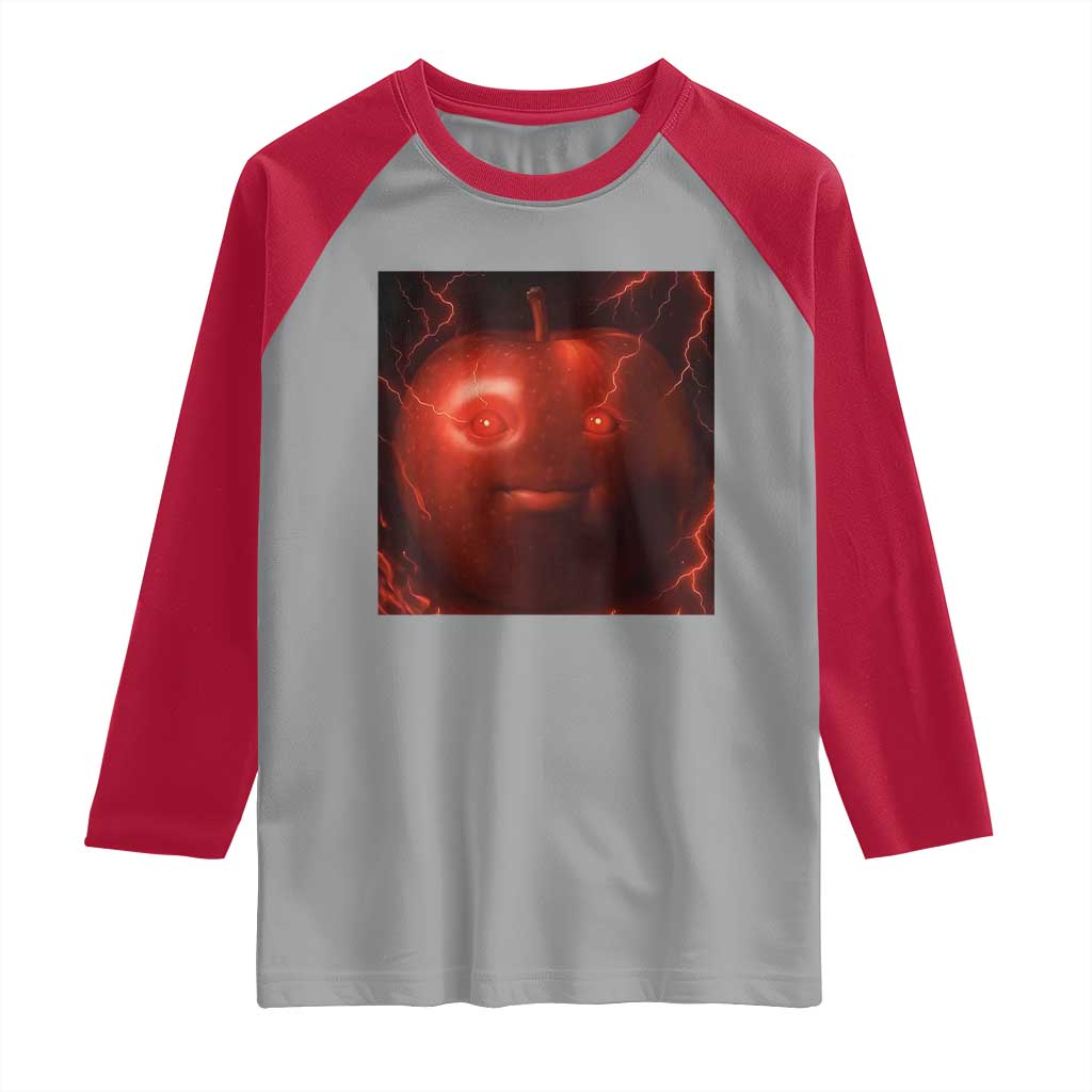 Evil Freaky Apple Meme Raglan Shirt Creepy Dark AI Fruit Face With Glowing Eyes TS02 Sport Gray Red Print Your Wear