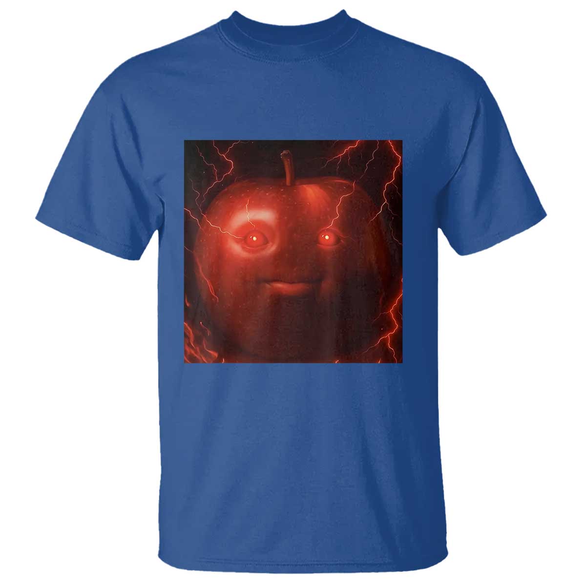 Evil Freaky Apple Meme T Shirt Creepy Dark AI Fruit Face With Glowing Eyes TS02 Royal Blue Print Your Wear