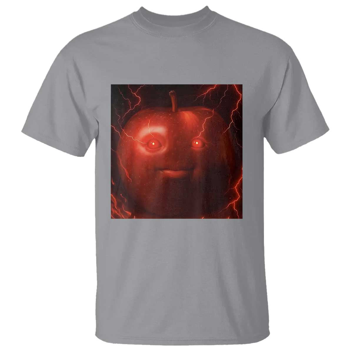 Evil Freaky Apple Meme T Shirt Creepy Dark AI Fruit Face With Glowing Eyes TS02 Sport Gray Print Your Wear