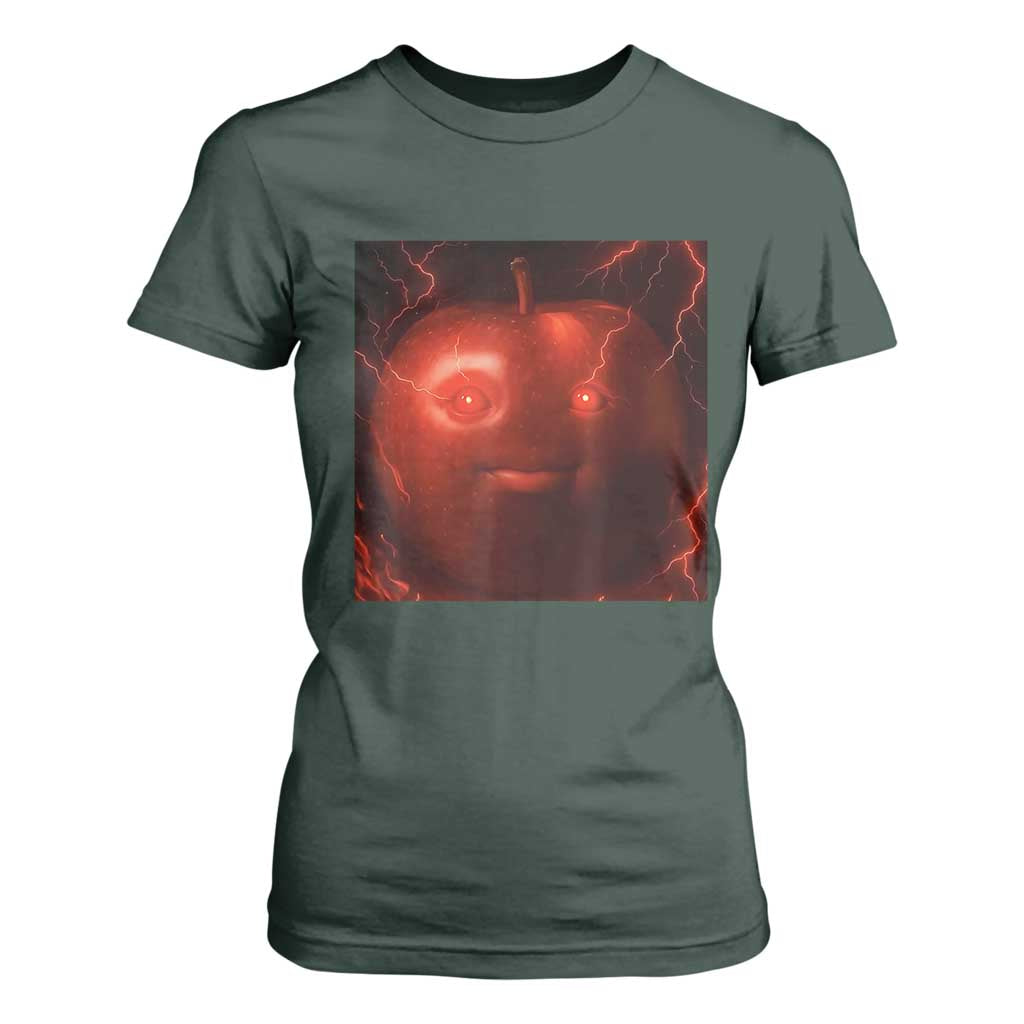 Evil Freaky Apple Meme T Shirt For Women Creepy Dark AI Fruit Face With Glowing Eyes TS02 Dark Forest Green Print Your Wear