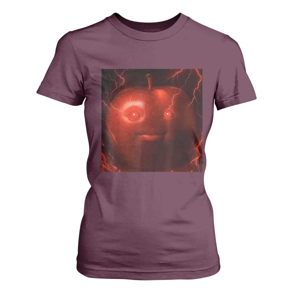 Evil Freaky Apple Meme T Shirt For Women Creepy Dark AI Fruit Face With Glowing Eyes TS02 Maroon Print Your Wear