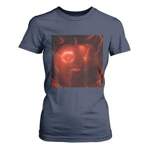 Evil Freaky Apple Meme T Shirt For Women Creepy Dark AI Fruit Face With Glowing Eyes TS02 Navy Print Your Wear
