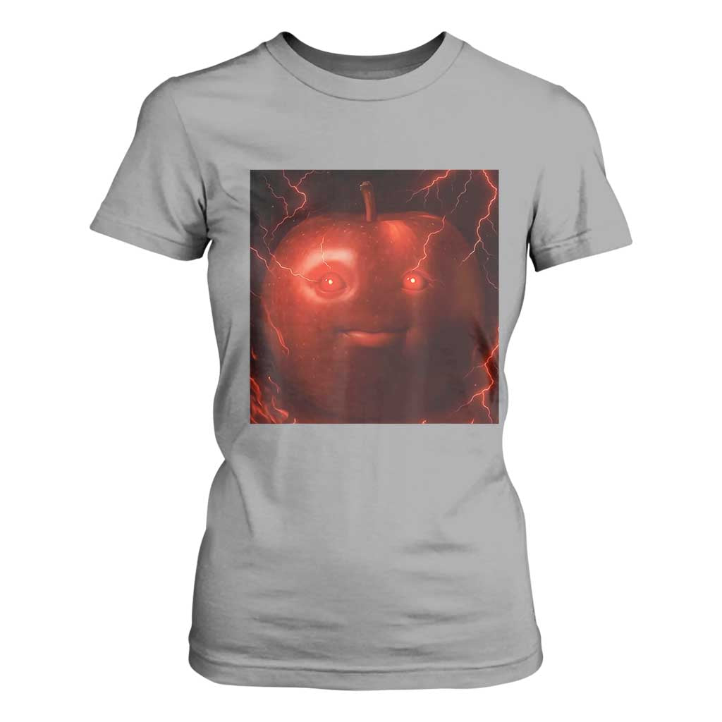 Evil Freaky Apple Meme T Shirt For Women Creepy Dark AI Fruit Face With Glowing Eyes TS02 Sport Gray Print Your Wear