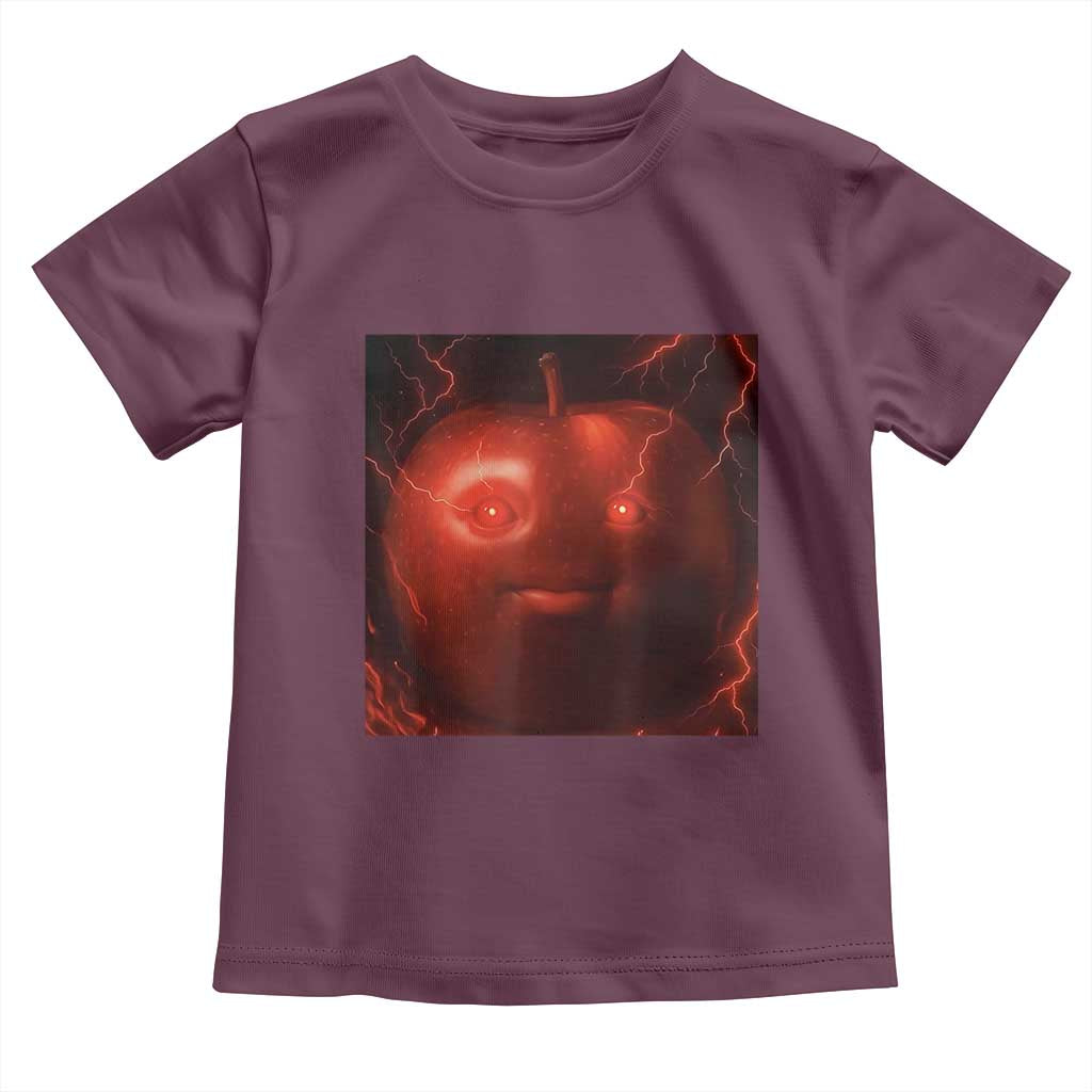 Evil Freaky Apple Meme Toddler T Shirt Creepy Dark AI Fruit Face With Glowing Eyes TS02 Maroon Print Your Wear