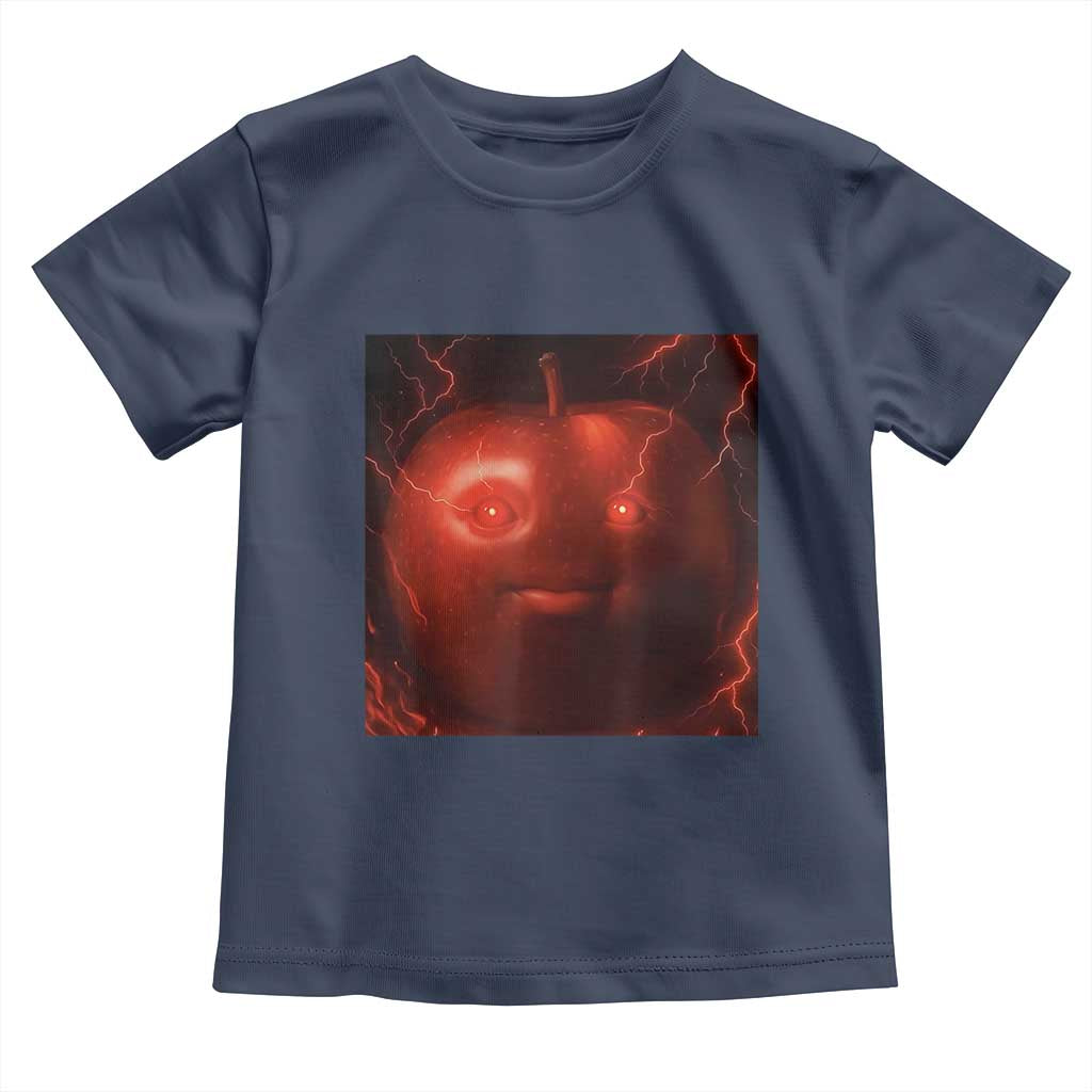 Evil Freaky Apple Meme Toddler T Shirt Creepy Dark AI Fruit Face With Glowing Eyes TS02 Navy Print Your Wear