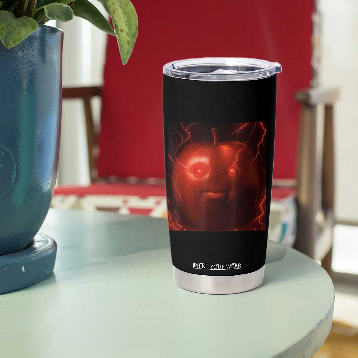 Evil Freaky Apple Meme Tumbler Cup Creepy Dark AI Fruit Face With Glowing Eyes TS02 Print Your Wear