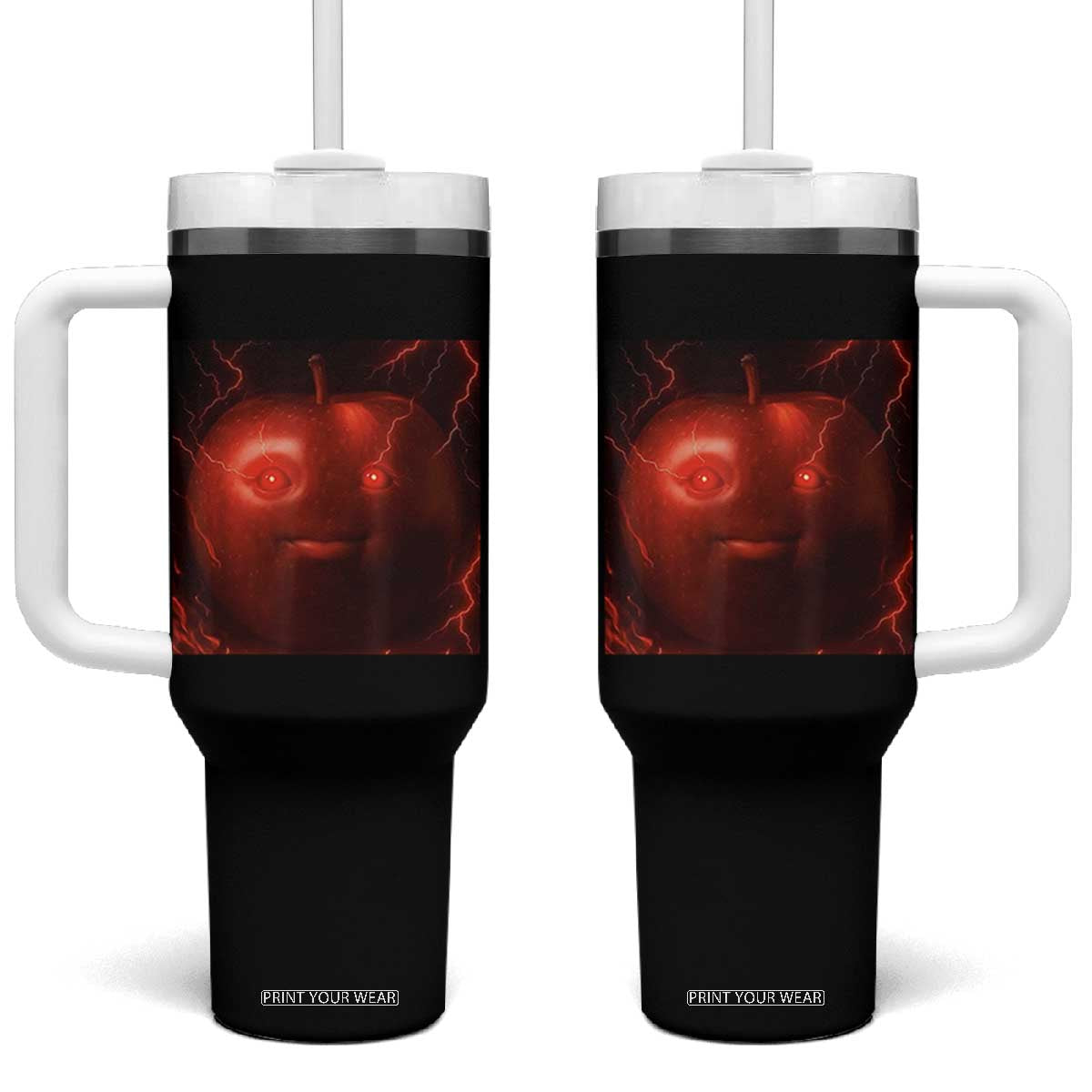 Evil Freaky Apple Meme Tumbler With Handle Creepy Dark AI Fruit Face With Glowing Eyes TS02 One Size: 40 oz Black Print Your Wear