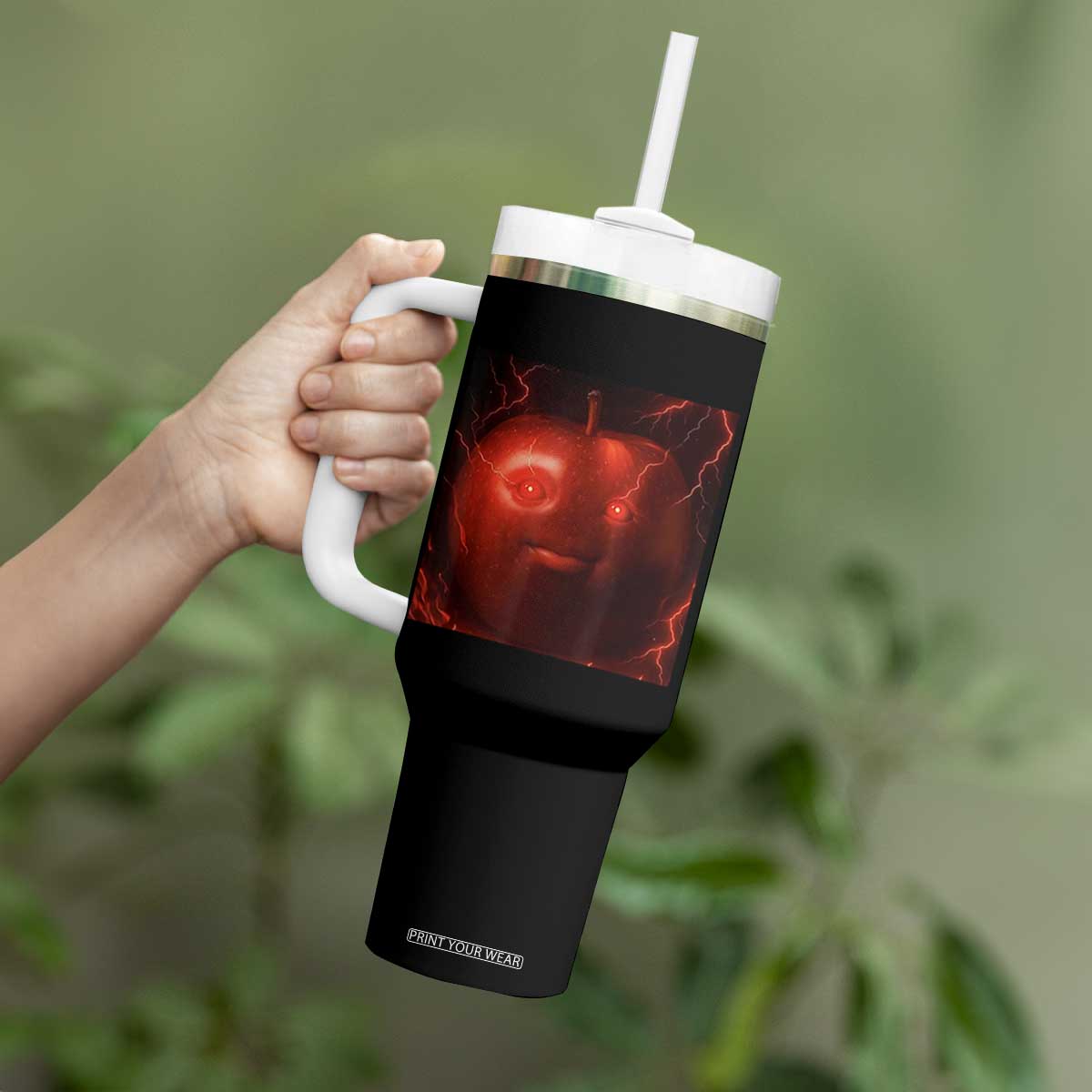 Evil Freaky Apple Meme Tumbler With Handle Creepy Dark AI Fruit Face With Glowing Eyes TS02 Print Your Wear
