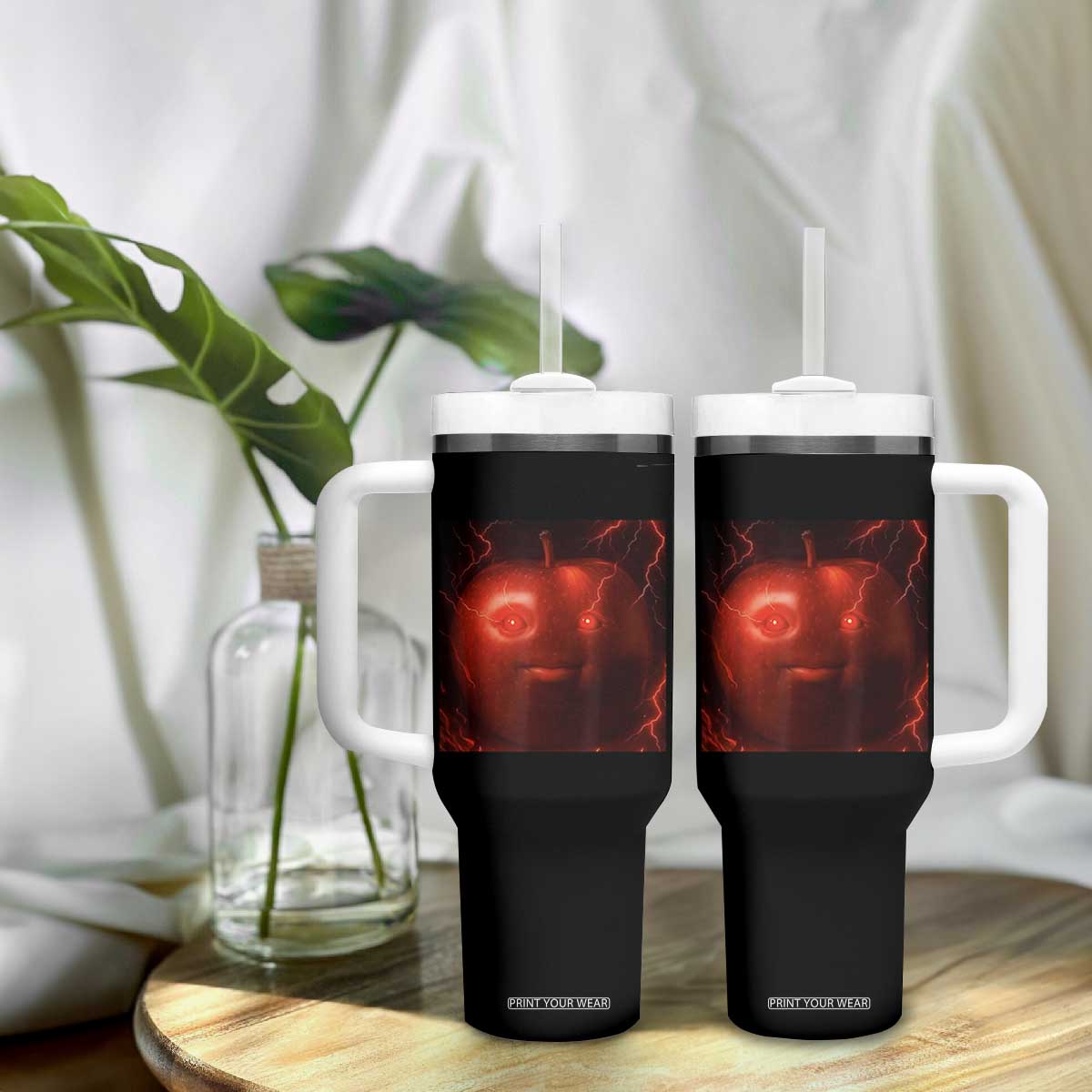 Evil Freaky Apple Meme Tumbler With Handle Creepy Dark AI Fruit Face With Glowing Eyes TS02 Print Your Wear
