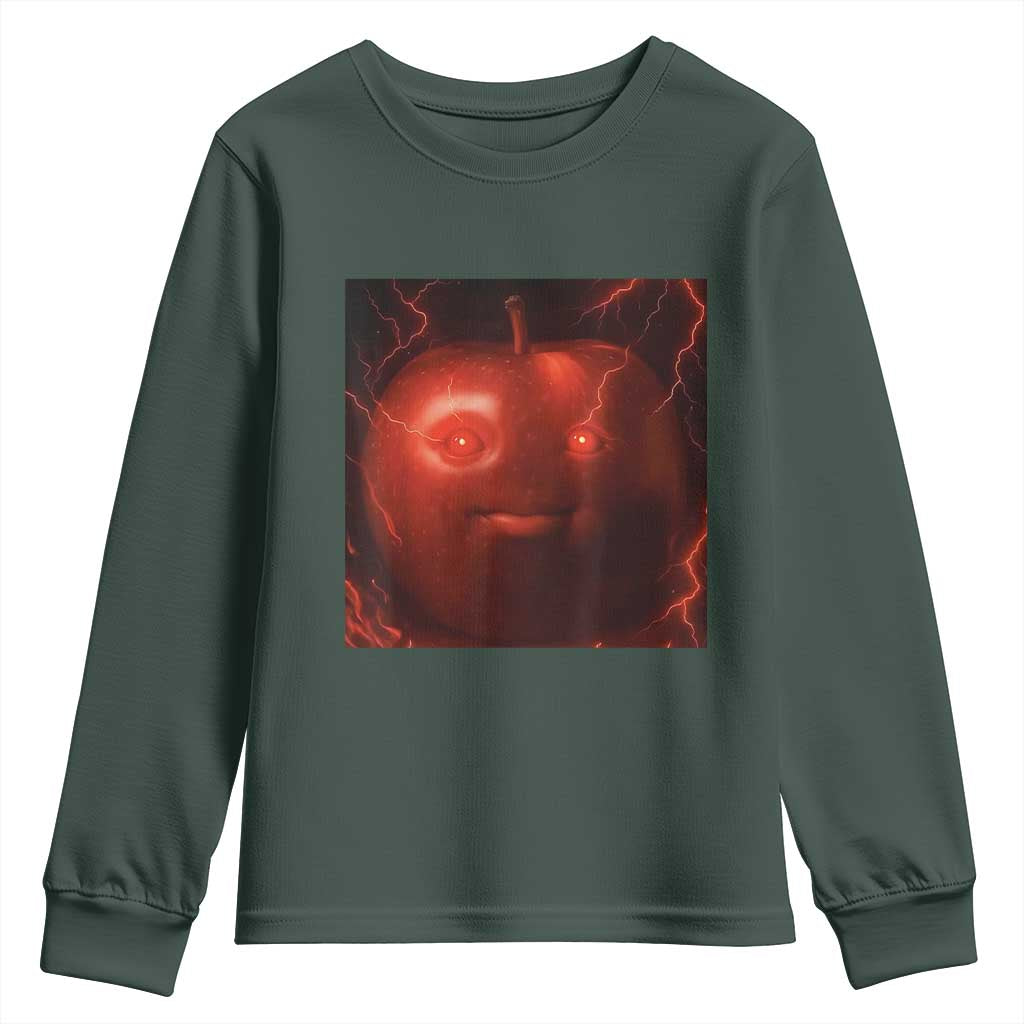 Evil Freaky Apple Meme Youth Sweatshirt Creepy Dark AI Fruit Face With Glowing Eyes TS02 Dark Forest Green Print Your Wear