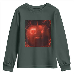 Evil Freaky Apple Meme Youth Sweatshirt Creepy Dark AI Fruit Face With Glowing Eyes TS02 Dark Forest Green Print Your Wear