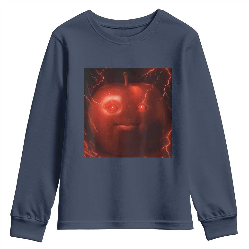 Evil Freaky Apple Meme Youth Sweatshirt Creepy Dark AI Fruit Face With Glowing Eyes TS02 Navy Print Your Wear