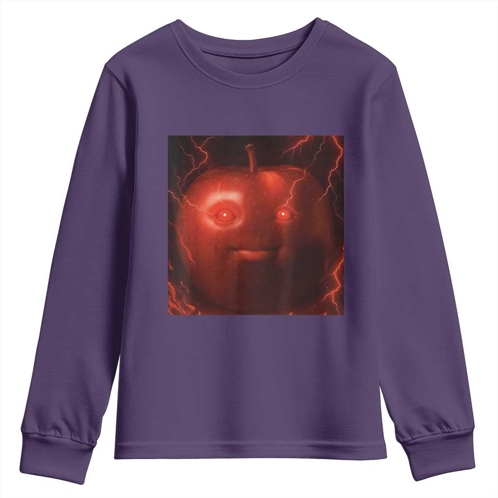 Evil Freaky Apple Meme Youth Sweatshirt Creepy Dark AI Fruit Face With Glowing Eyes TS02 Purple Print Your Wear