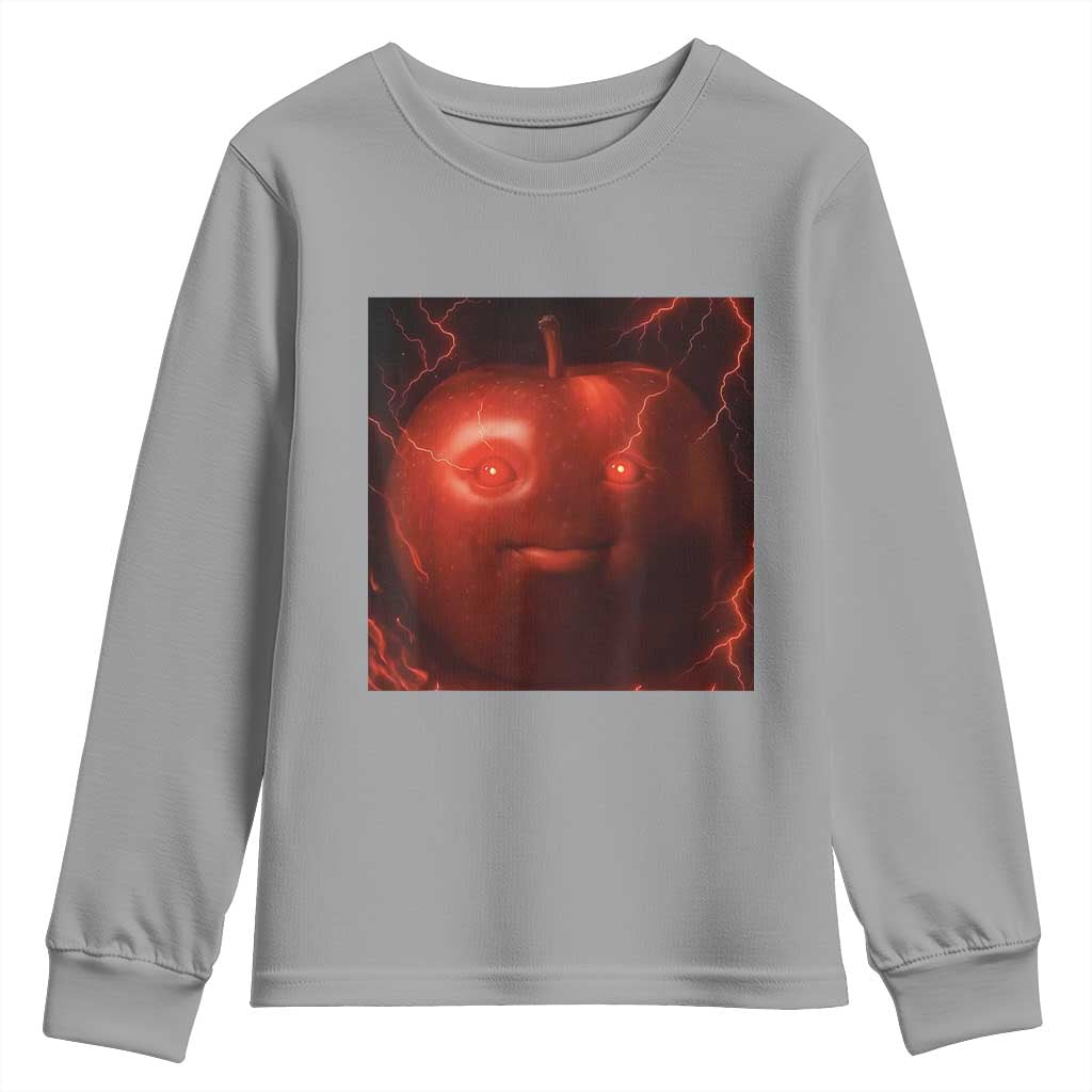 Evil Freaky Apple Meme Youth Sweatshirt Creepy Dark AI Fruit Face With Glowing Eyes TS02 Sport Gray Print Your Wear