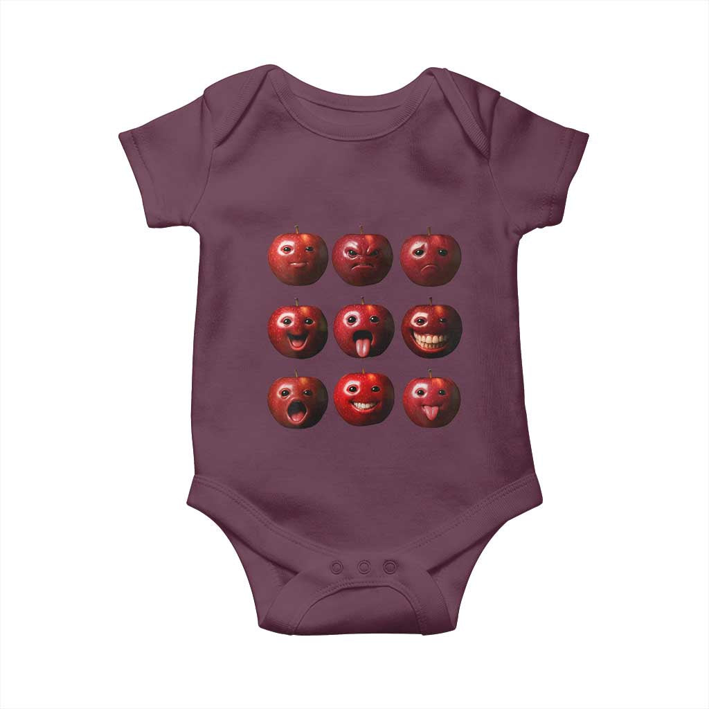 Funny Freaky Apple Faces Meme Graphic Baby Onesie Surreal Weird AI Fruit Emotions TS02 Maroon Print Your Wear
