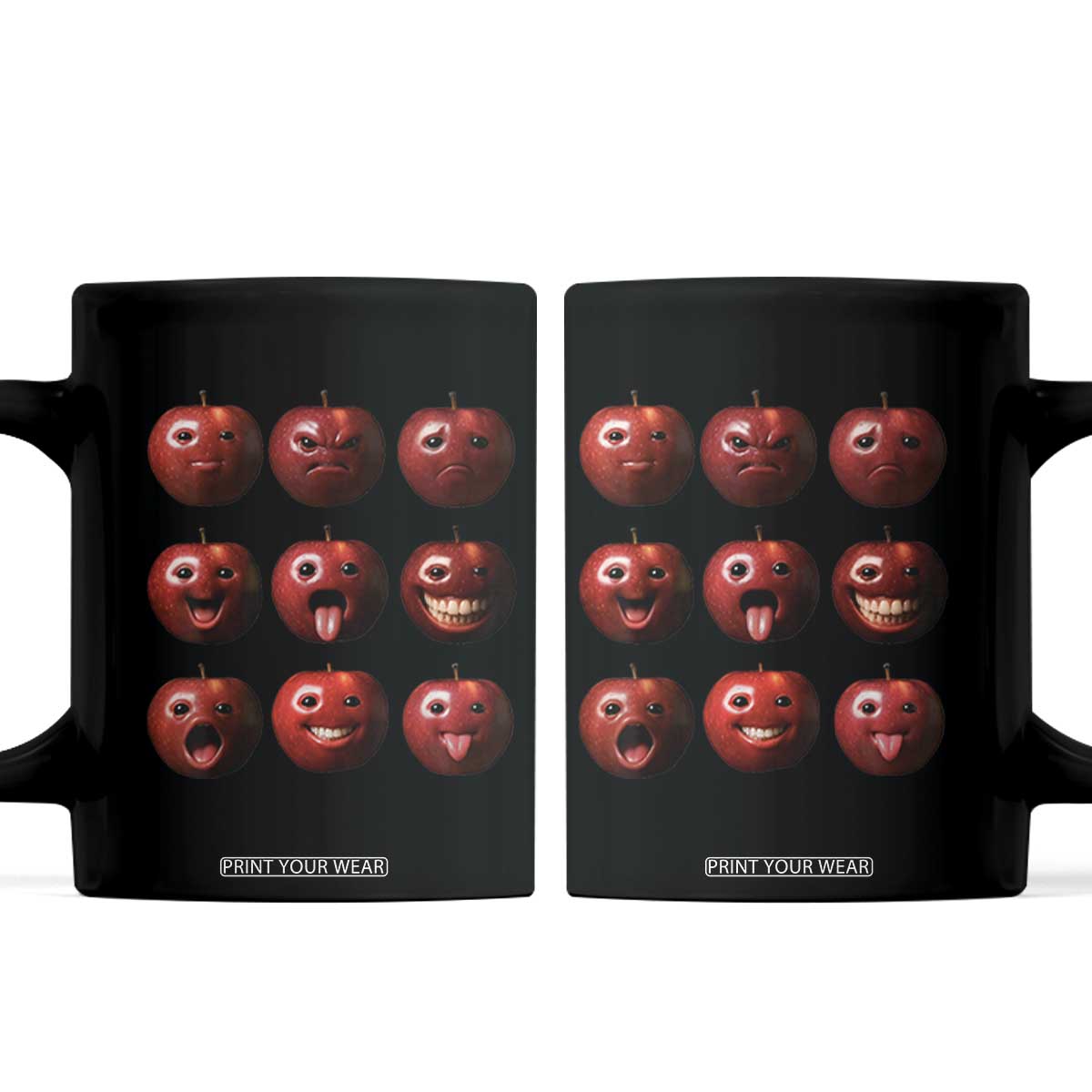 Funny Freaky Apple Faces Meme Graphic Coffee Mug Surreal Weird AI Fruit Emotions TS02 Black Print Your Wear