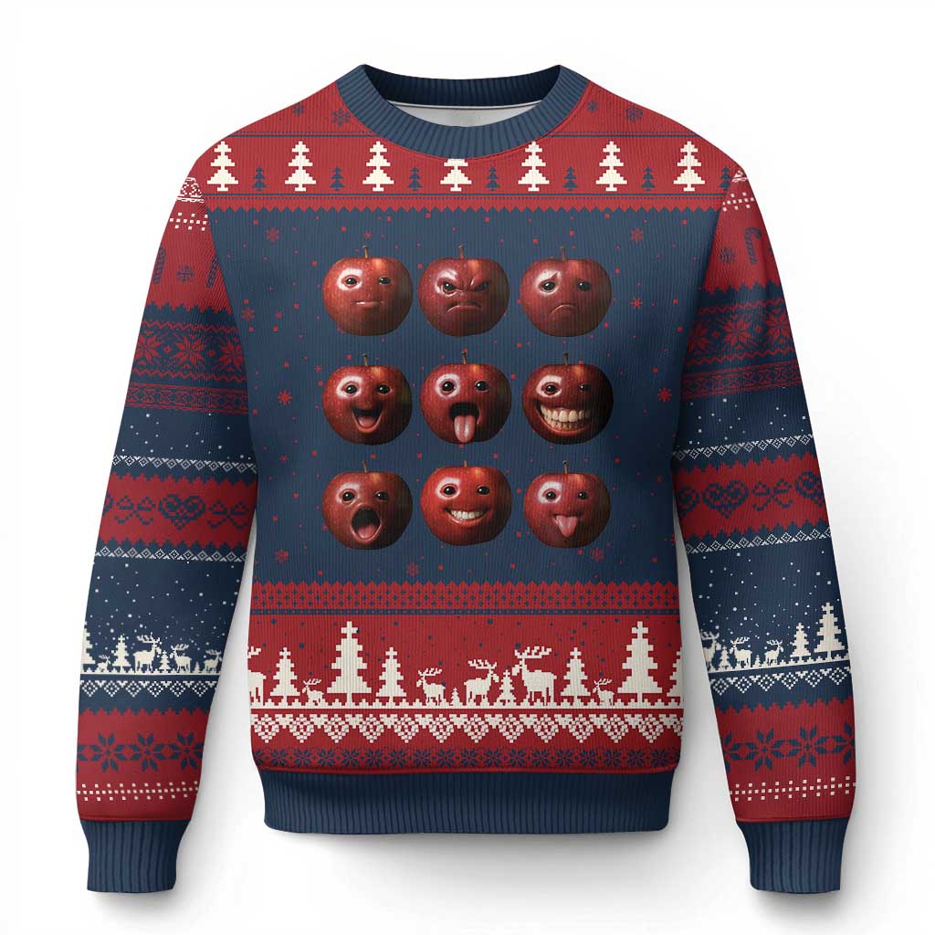 Funny Freaky Apple Faces Meme Graphic Ugly Christmas Sweater Surreal Weird AI Fruit Emotions TS02 Navy Red Print Your Wear