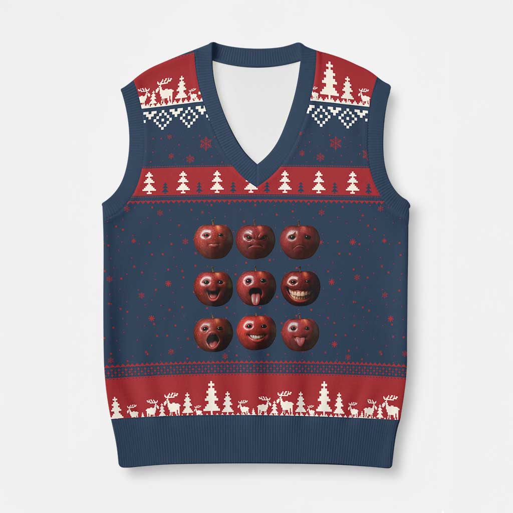 Funny Freaky Apple Faces Meme Graphic V-Neck Knit Sweater Vest Surreal Weird AI Fruit Emotions TS02 Navy Red Print Your Wear