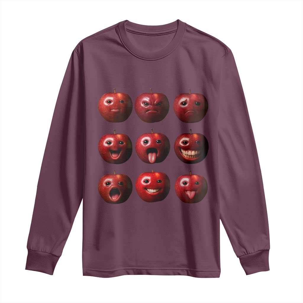 Funny Freaky Apple Faces Meme Graphic Long Sleeve Shirt Surreal Weird AI Fruit Emotions TS02 Maroon Print Your Wear