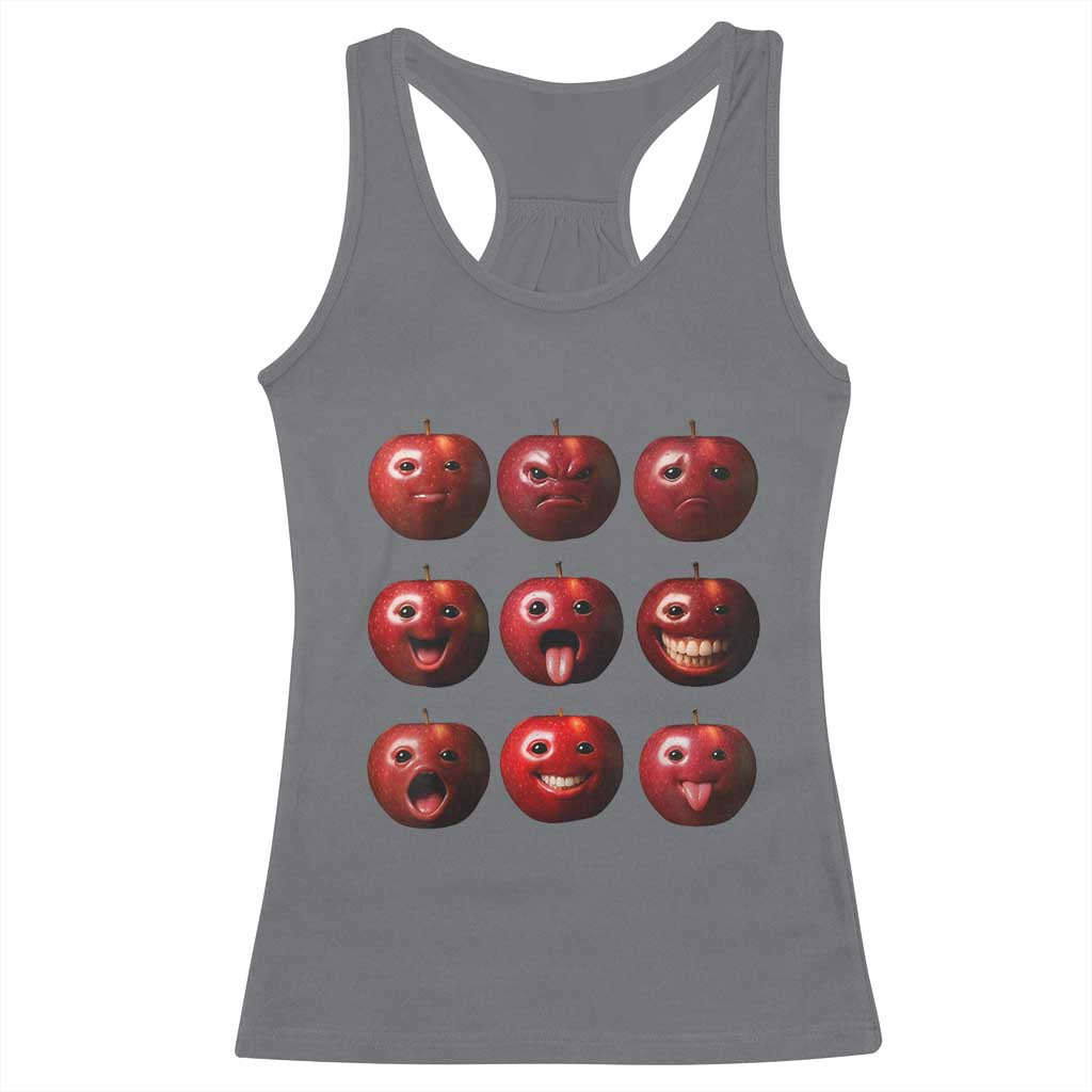 Funny Freaky Apple Faces Meme Graphic Racerback Tank Top Surreal Weird AI Fruit Emotions TS02 Charcoal Print Your Wear
