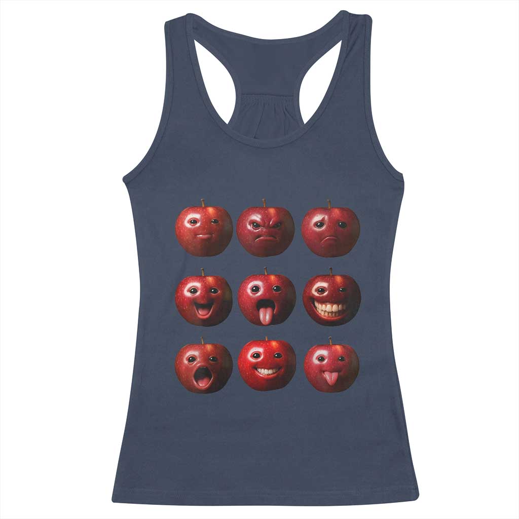 Funny Freaky Apple Faces Meme Graphic Racerback Tank Top Surreal Weird AI Fruit Emotions TS02 Navy Print Your Wear