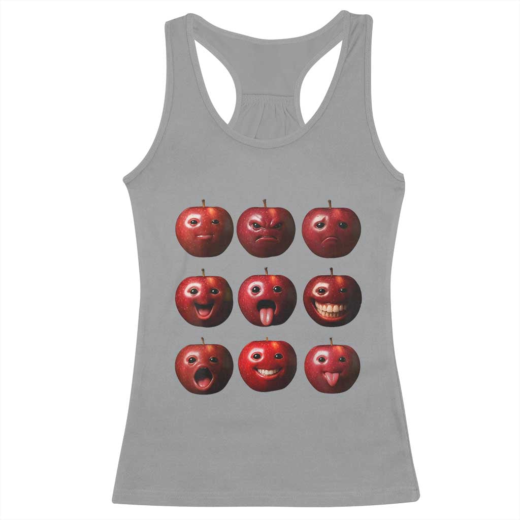 Funny Freaky Apple Faces Meme Graphic Racerback Tank Top Surreal Weird AI Fruit Emotions TS02 Sport Gray Print Your Wear
