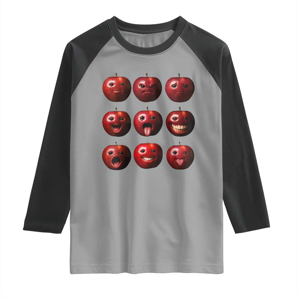 Funny Freaky Apple Faces Meme Graphic Raglan Shirt Surreal Weird AI Fruit Emotions TS02 Sport Gray Black Print Your Wear