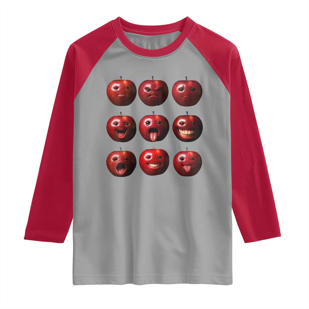 Funny Freaky Apple Faces Meme Graphic Raglan Shirt Surreal Weird AI Fruit Emotions TS02 Sport Gray Red Print Your Wear