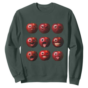 Funny Freaky Apple Faces Meme Graphic Sweatshirt Surreal Weird AI Fruit Emotions TS02 Dark Forest Green Print Your Wear