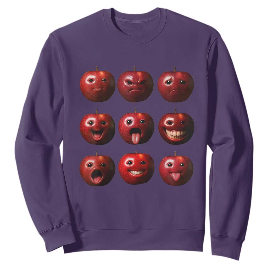 Funny Freaky Apple Faces Meme Graphic Sweatshirt Surreal Weird AI Fruit Emotions TS02 Purple Print Your Wear