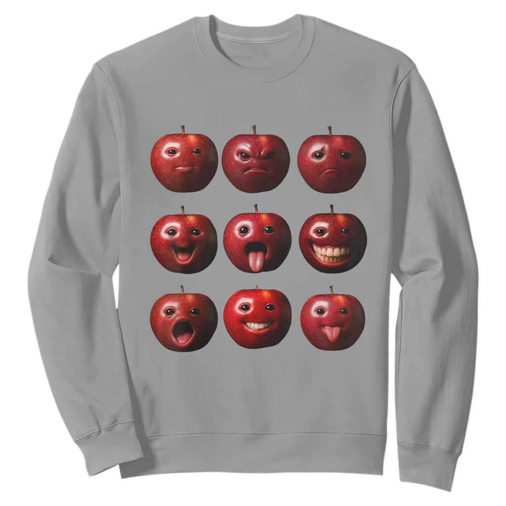 Funny Freaky Apple Faces Meme Graphic Sweatshirt Surreal Weird AI Fruit Emotions TS02 Sport Gray Print Your Wear