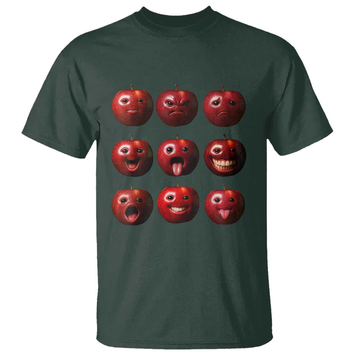 Funny Freaky Apple Faces Meme Graphic T Shirt Surreal Weird AI Fruit Emotions TS02 Dark Forest Green Print Your Wear