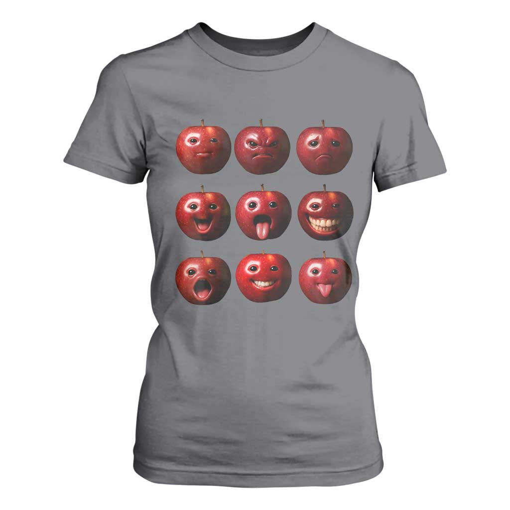 Funny Freaky Apple Faces Meme Graphic T Shirt For Women Surreal Weird AI Fruit Emotions TS02 Charcoal Print Your Wear