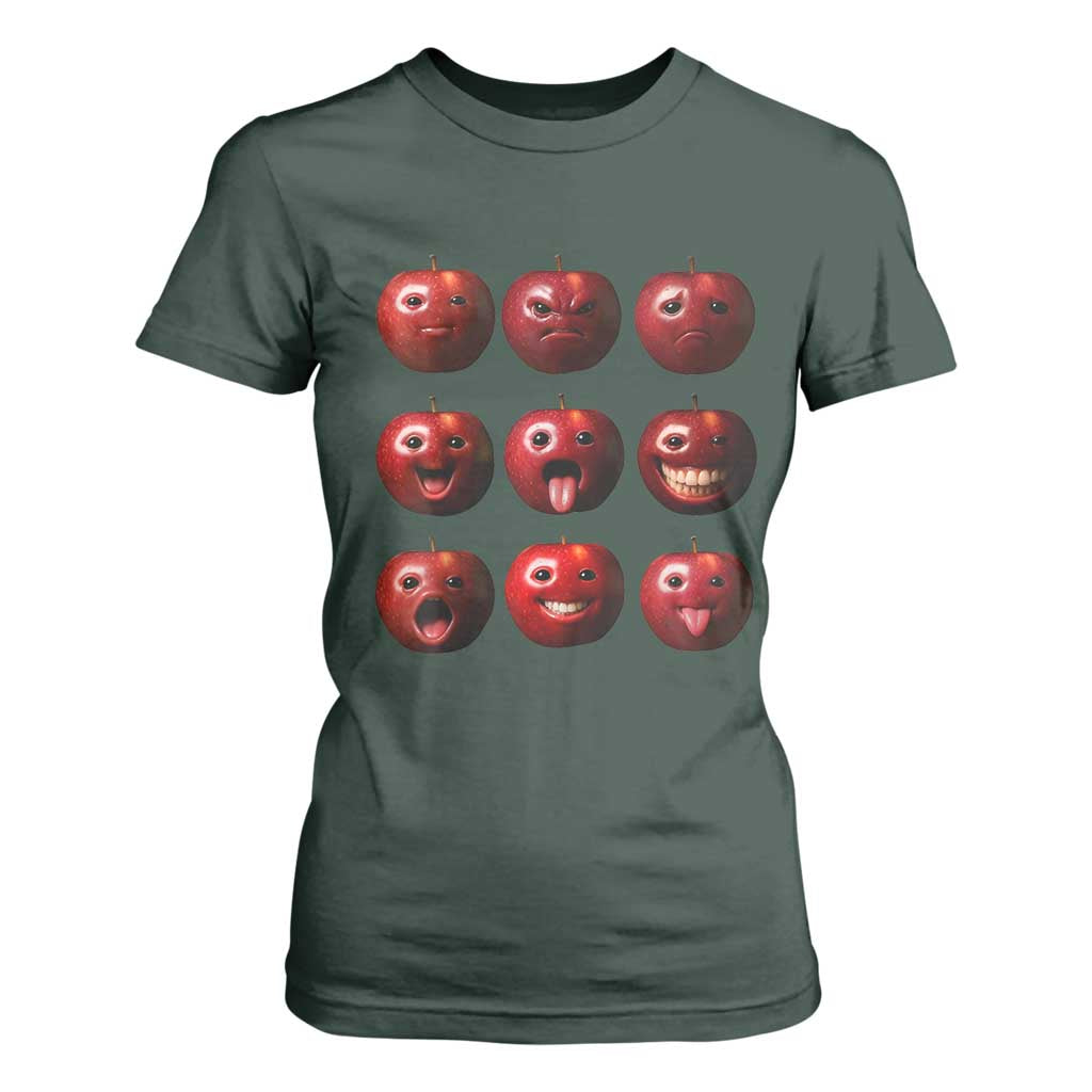 Funny Freaky Apple Faces Meme Graphic T Shirt For Women Surreal Weird AI Fruit Emotions TS02 Dark Forest Green Print Your Wear