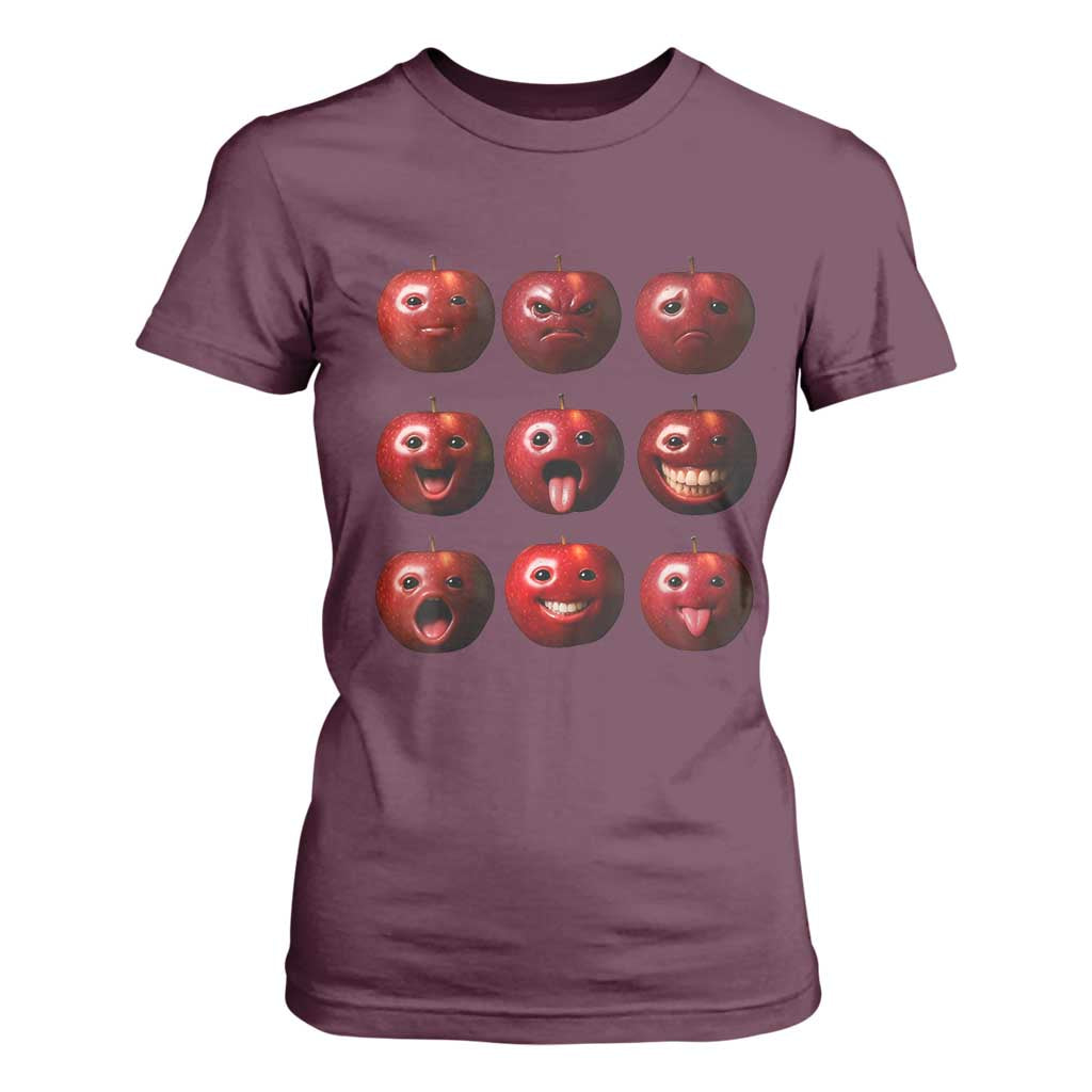 Funny Freaky Apple Faces Meme Graphic T Shirt For Women Surreal Weird AI Fruit Emotions TS02 Maroon Print Your Wear