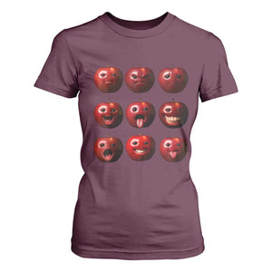 Funny Freaky Apple Faces Meme Graphic T Shirt For Women Surreal Weird AI Fruit Emotions TS02 Maroon Print Your Wear