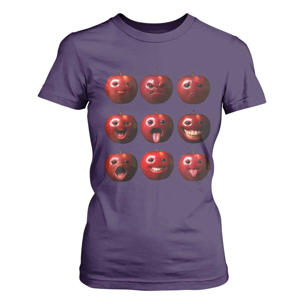 Funny Freaky Apple Faces Meme Graphic T Shirt For Women Surreal Weird AI Fruit Emotions TS02 Purple Print Your Wear