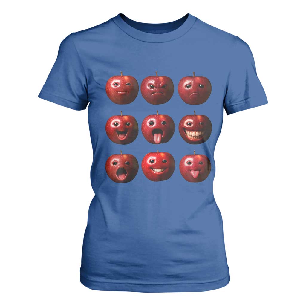 Funny Freaky Apple Faces Meme Graphic T Shirt For Women Surreal Weird AI Fruit Emotions TS02 Royal Blue Print Your Wear