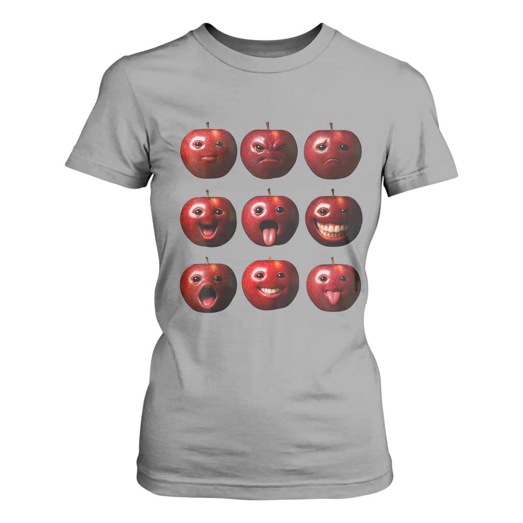 Funny Freaky Apple Faces Meme Graphic T Shirt For Women Surreal Weird AI Fruit Emotions TS02 Sport Gray Print Your Wear