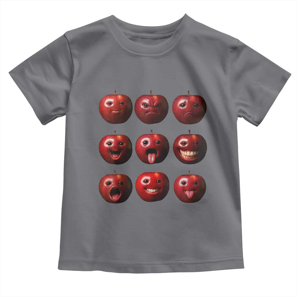 Funny Freaky Apple Faces Meme Graphic Toddler T Shirt Surreal Weird AI Fruit Emotions TS02 Charcoal Print Your Wear