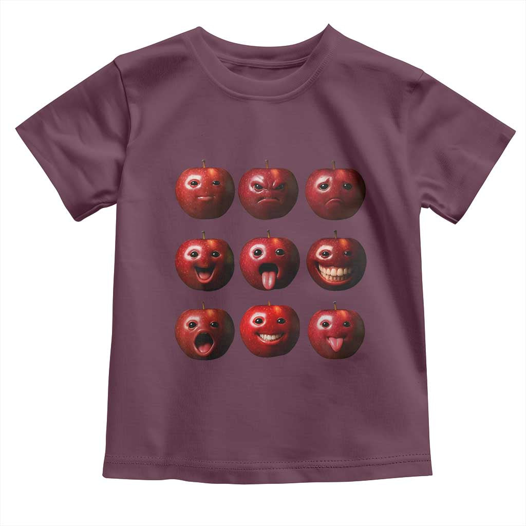 Funny Freaky Apple Faces Meme Graphic Toddler T Shirt Surreal Weird AI Fruit Emotions TS02 Maroon Print Your Wear