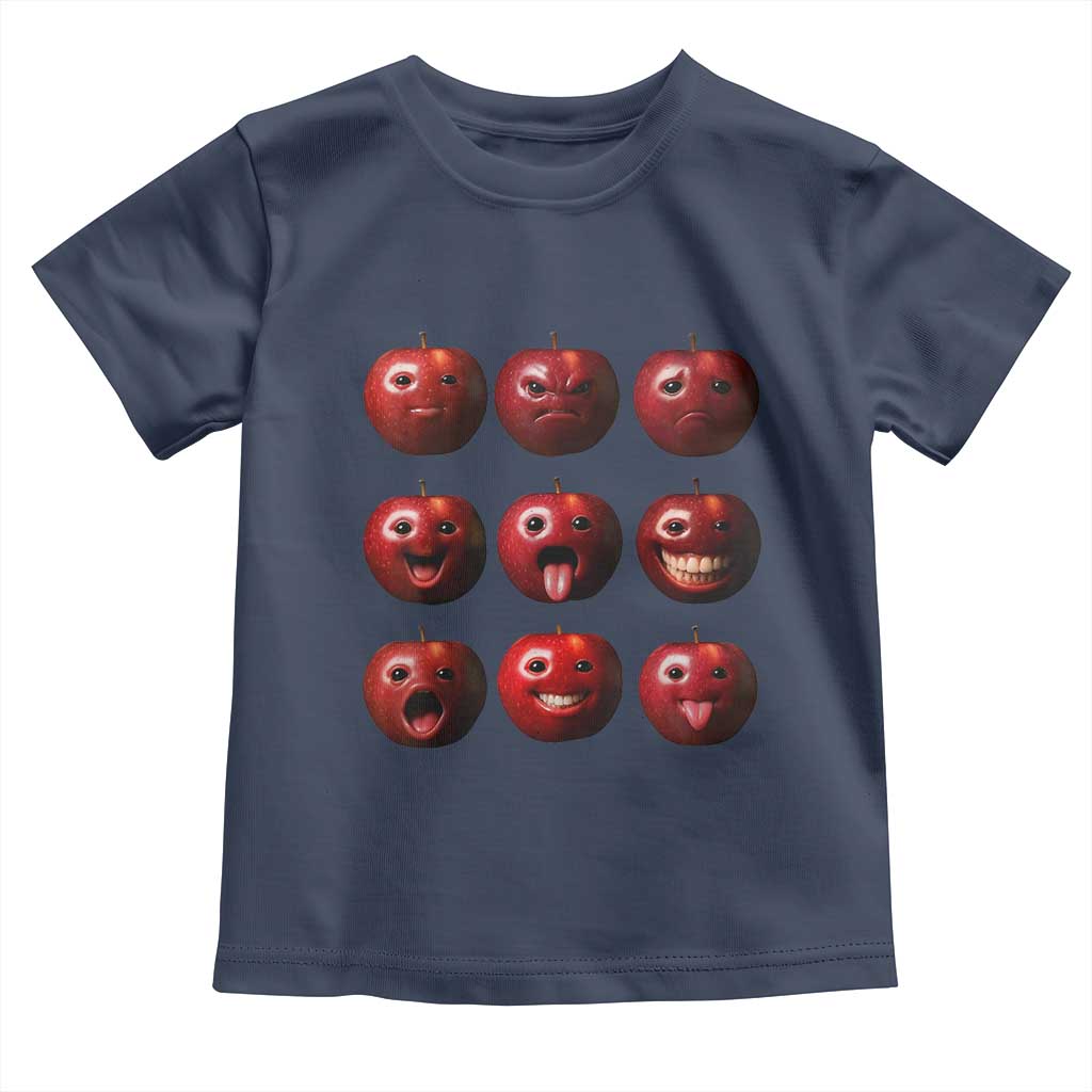 Funny Freaky Apple Faces Meme Graphic Toddler T Shirt Surreal Weird AI Fruit Emotions TS02 Navy Print Your Wear