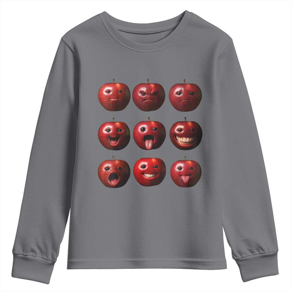 Funny Freaky Apple Faces Meme Graphic Youth Sweatshirt Surreal Weird AI Fruit Emotions TS02 Charcoal Print Your Wear