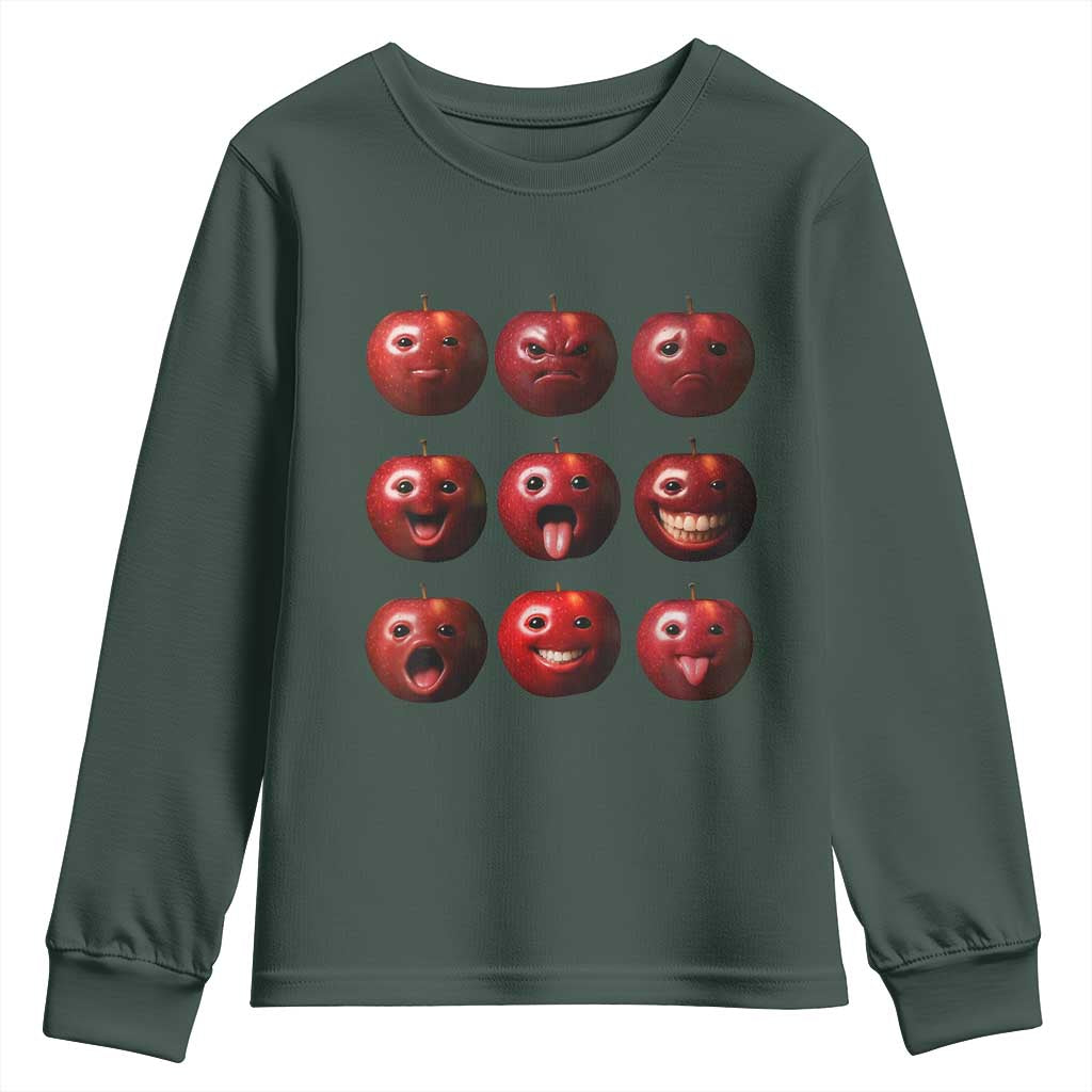 Funny Freaky Apple Faces Meme Graphic Youth Sweatshirt Surreal Weird AI Fruit Emotions TS02 Dark Forest Green Print Your Wear