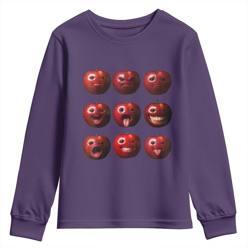 Funny Freaky Apple Faces Meme Graphic Youth Sweatshirt Surreal Weird AI Fruit Emotions TS02 Purple Print Your Wear