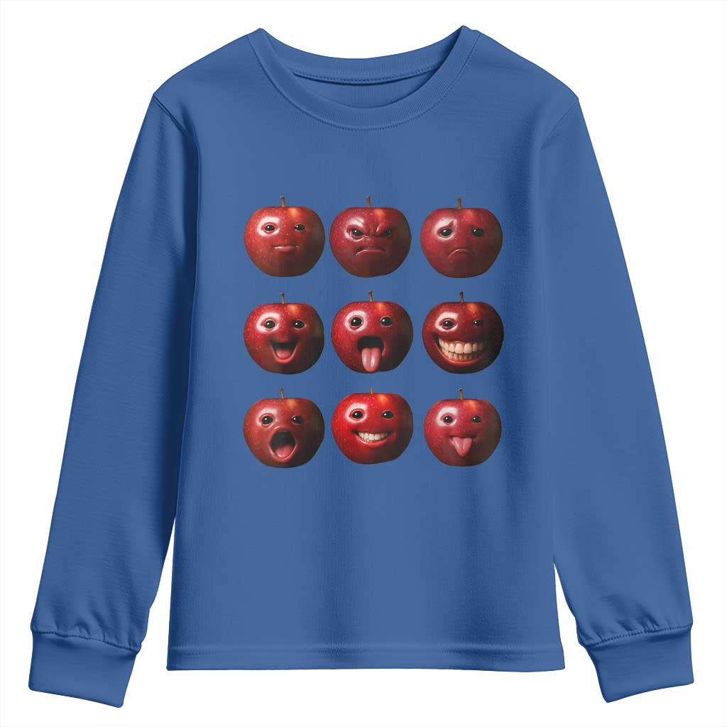 Funny Freaky Apple Faces Meme Graphic Youth Sweatshirt Surreal Weird AI Fruit Emotions TS02 Royal Blue Print Your Wear